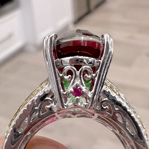 Watermelon Quartz Multigemstone 14K YG Sterling Silver Statement Ring - Picture 12 of 12